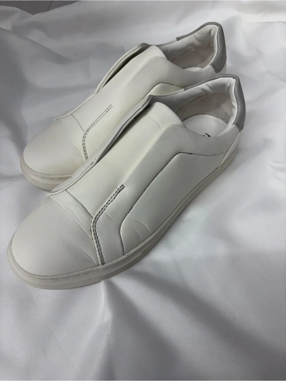 Nordstrom White Slip-On Leather Sneakers with Silver Heel Accent